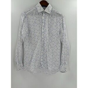 Bertigo White Blue Floral 100% Linen Long Sleeve Button Up Shirt Measures MEDIUM
